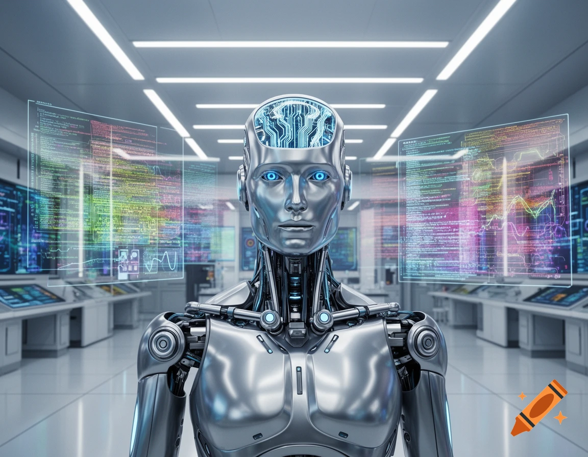 A silver humanoid robot with glowing blue eyes and circuitry on its head stands in a futuristic lab, surrounded by holographic data screens displaying code.