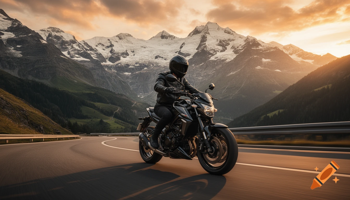 Photorealistic image of a man riding a black motorcycle on a winding alpine road at sunset, with snowy mountains and green valleys.