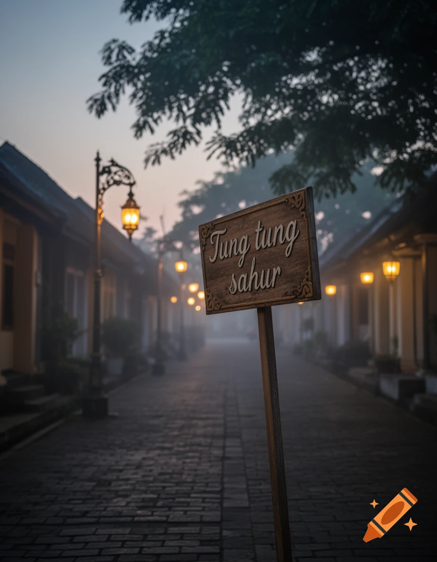 A misty, cobblestone street lined with traditional buildings and glowing lanterns at dawn, with a wooden sign reading 'Tung tung sahur' in the foreground.