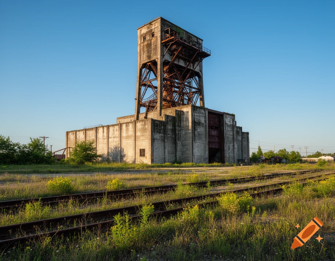 An abandoned concrete and rusty steel coaling tower stands beside overgrown railroad tracks under a clear blue sky.