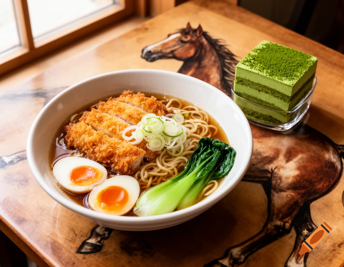 A bowl of Japanese Tonkatsu Ramen with sliced pork, eggs, and bok choy, next to a green matcha tiramisu on a horse-themed wooden table.