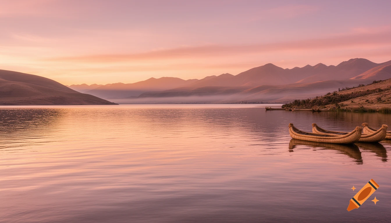 A serene lake at sunrise with traditional straw boats in the foreground, mountains shrouded in mist in the background, under a sky with soft pink and orange hues.