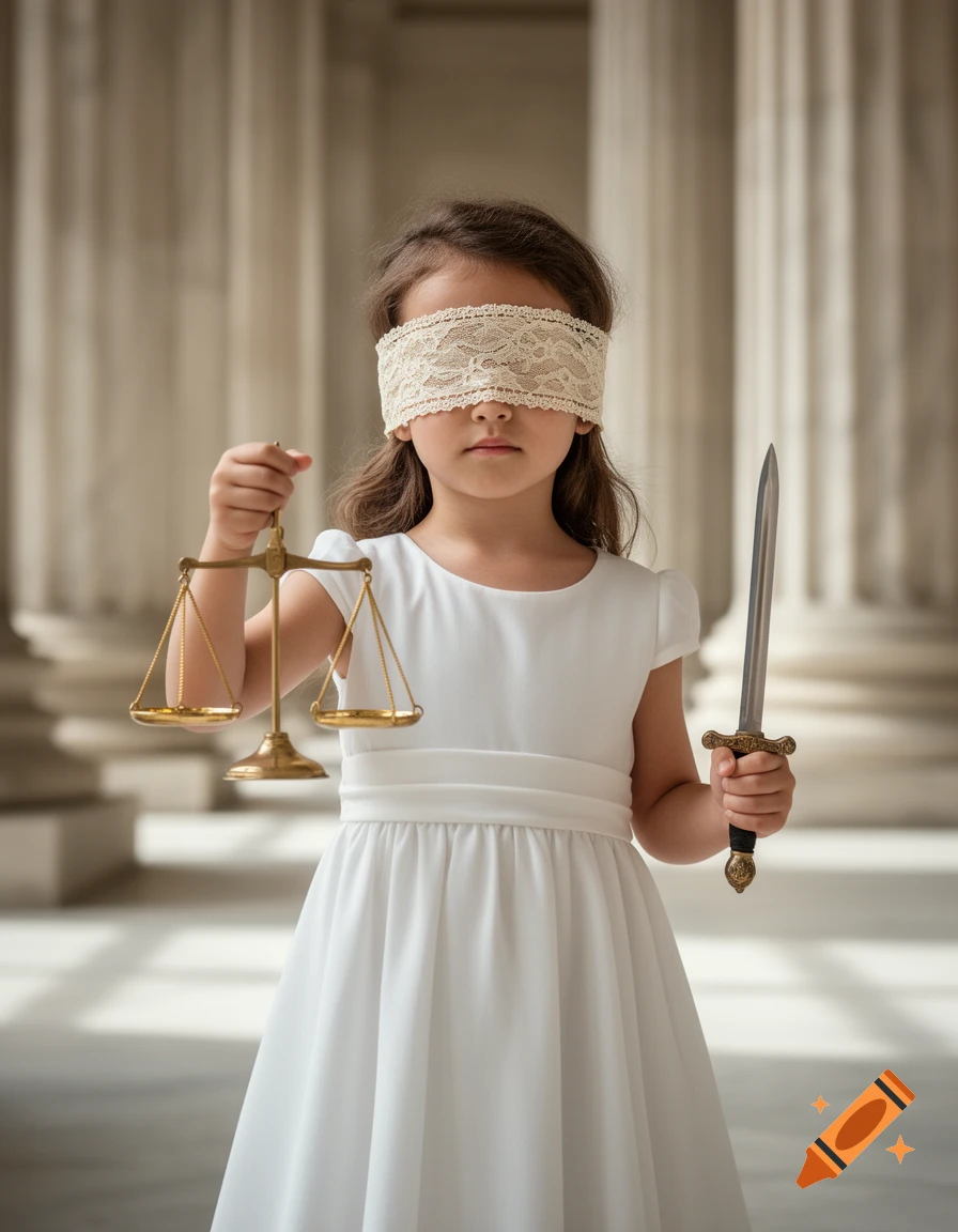 A blindfolded young girl, dressed as Lady Justice, holds scales and a sword in a classical columned hall.