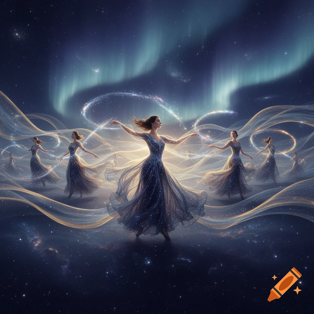 Ethereal image of many women in sparkling gowns dancing under a starry sky with aurora borealis and glowing cosmic waves.
