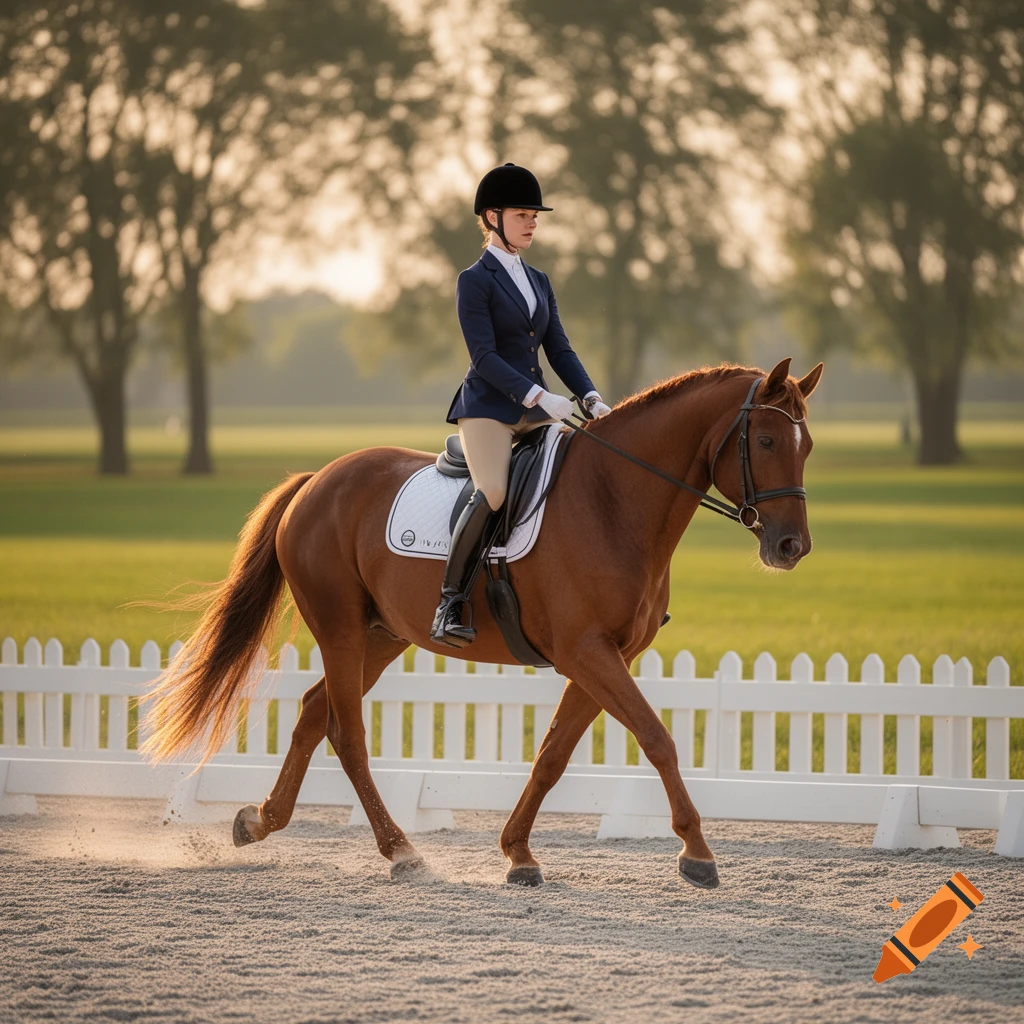 A woman in equestrian attire rides a brown horse in a sunny outdoor arena with a white fence and trees.