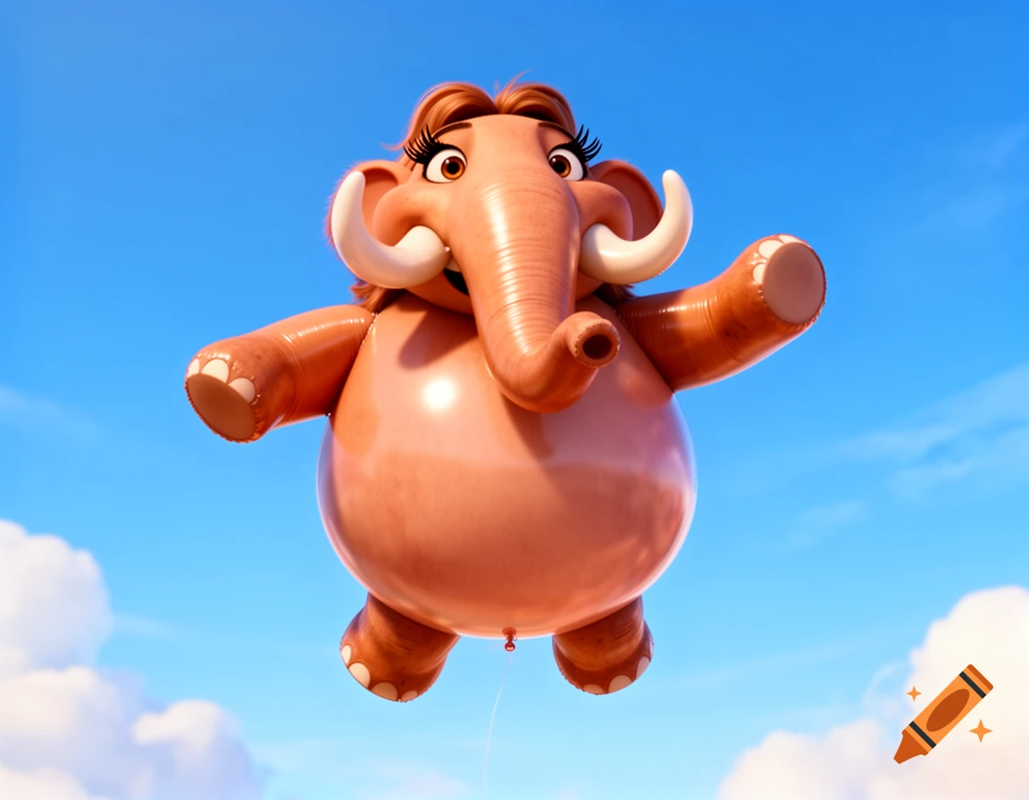 Ellie the Mammoth, inflated like a pink rubber balloon, floats against a clear blue sky.