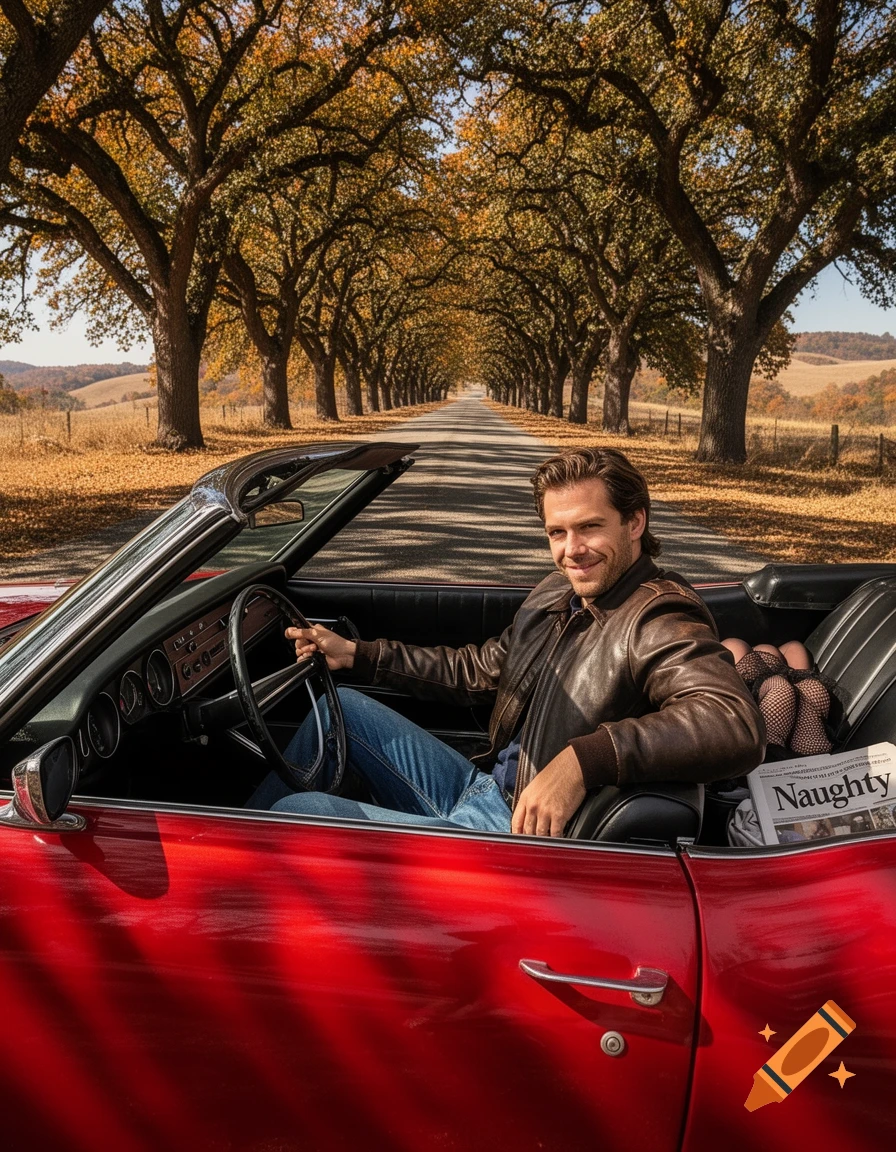 A man in a leather jacket and jeans smiles from a red convertible on an autumn tree-lined road, with a newspaper reading 'Naughty' and nylons in the back seat.