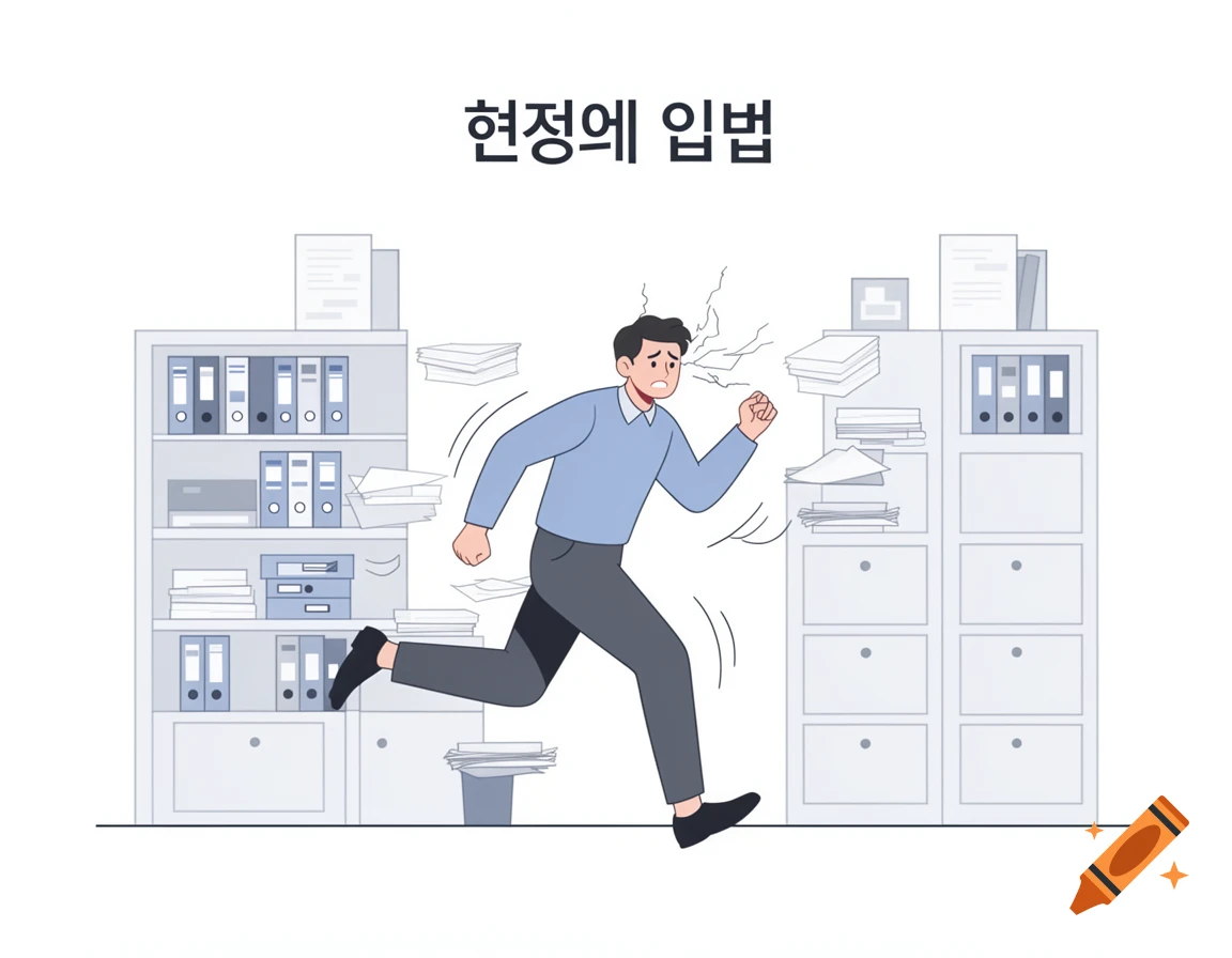 A stressed cartoon man runs through an office filled with file cabinets and scattered papers, with Korean text overhead.