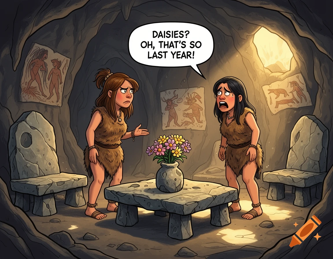 Cartoon of two cave women in a cave, one disapprovingly holding flowers in a stone jar, saying "Daisies? Oh, that's so last year!"