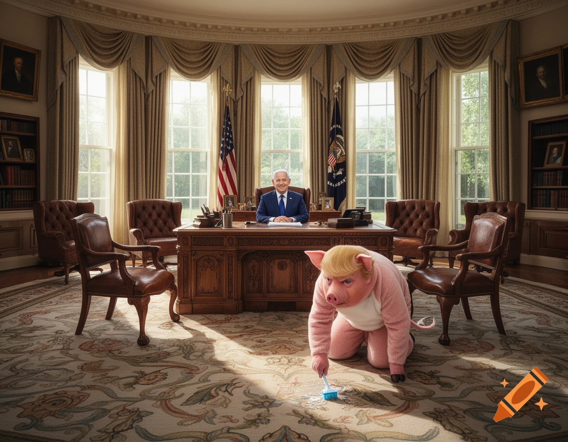 Benjamin Netanyahu sits at the Oval Office desk while a figure in a blond-haired pig costume cleans the floor with a toothbrush.