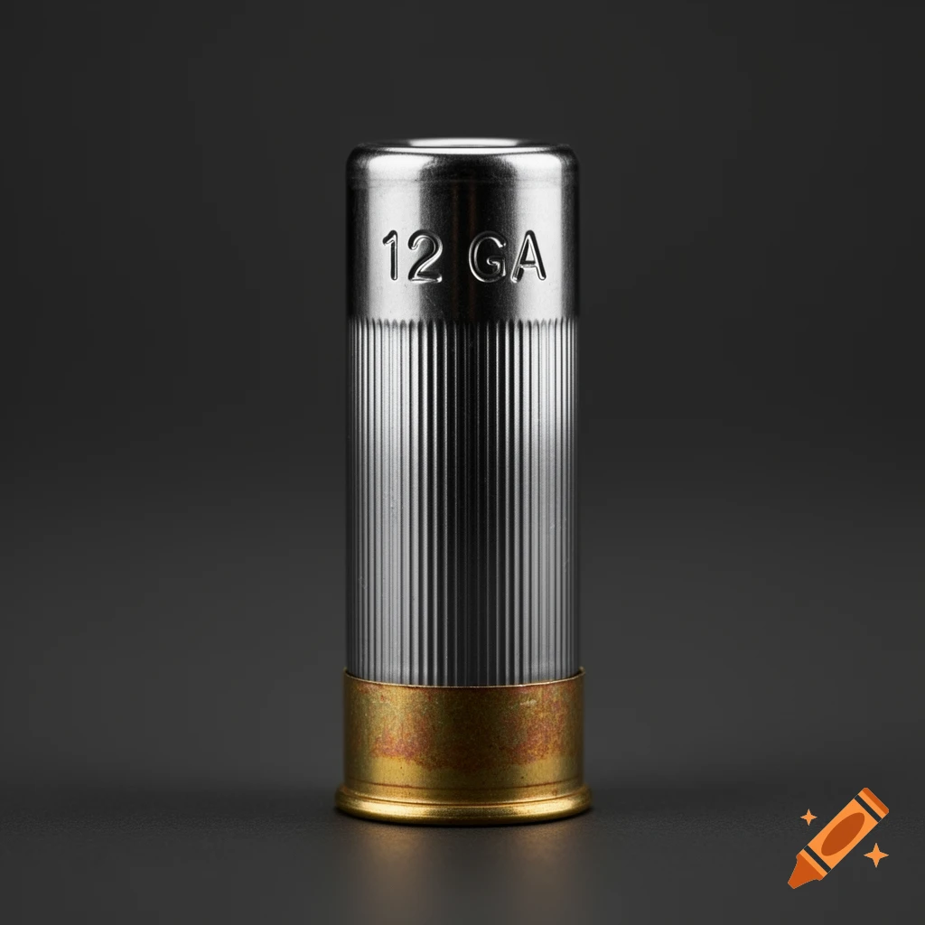 A detailed, close-up shot of a silver 12 GA shotgun shell with a brass base, against a dark grey background.