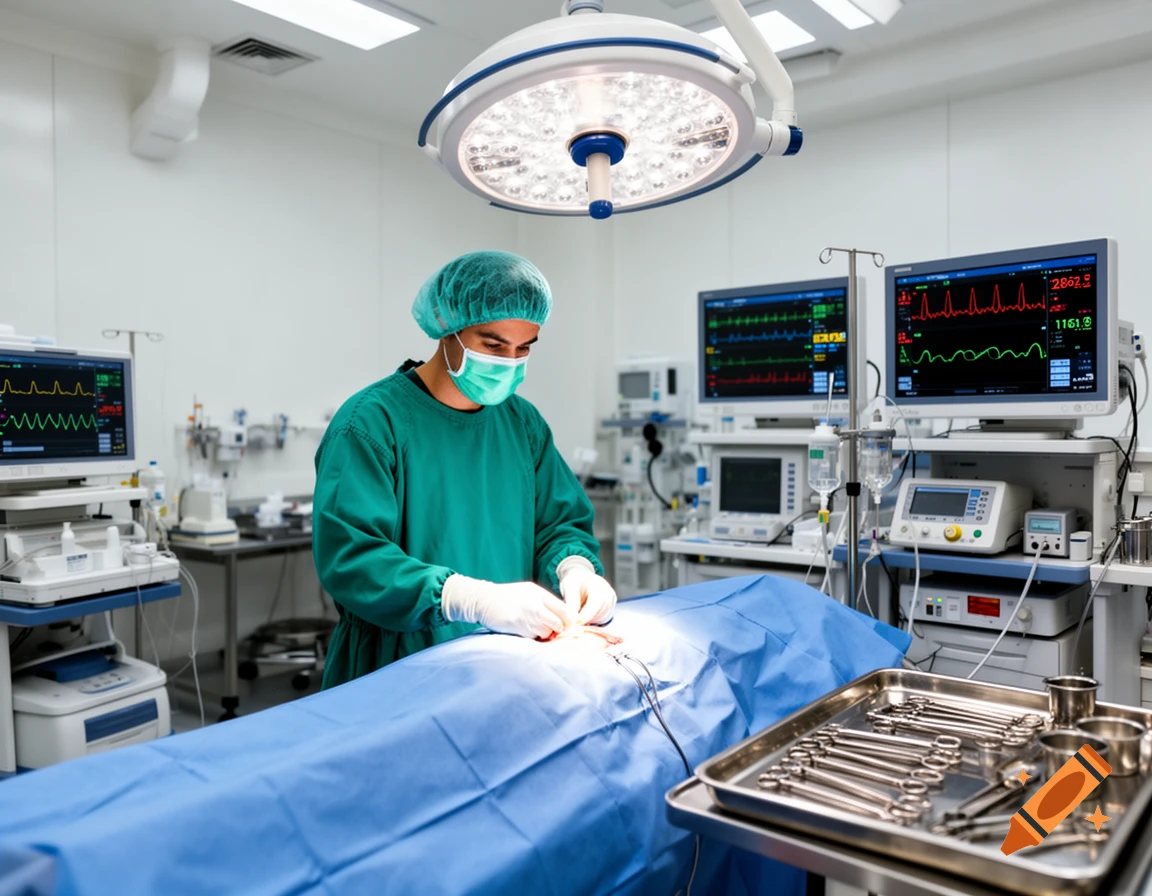 A surgeon in scrubs, mask, and gloves operates on a patient in a sterile operating room, surrounded by medical monitors.