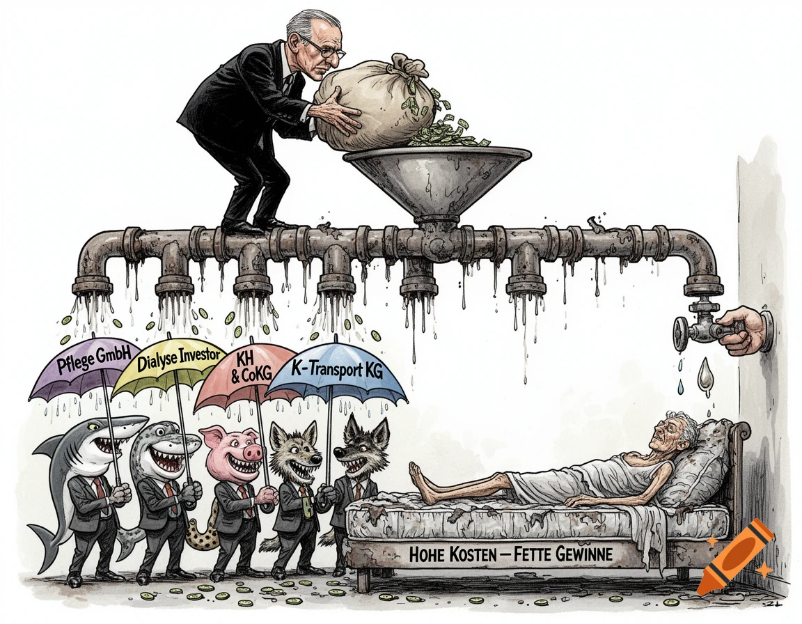Political cartoon of a man pouring money into leaky pipes, collected by animal-headed businessmen, while an elderly patient receives only drops.