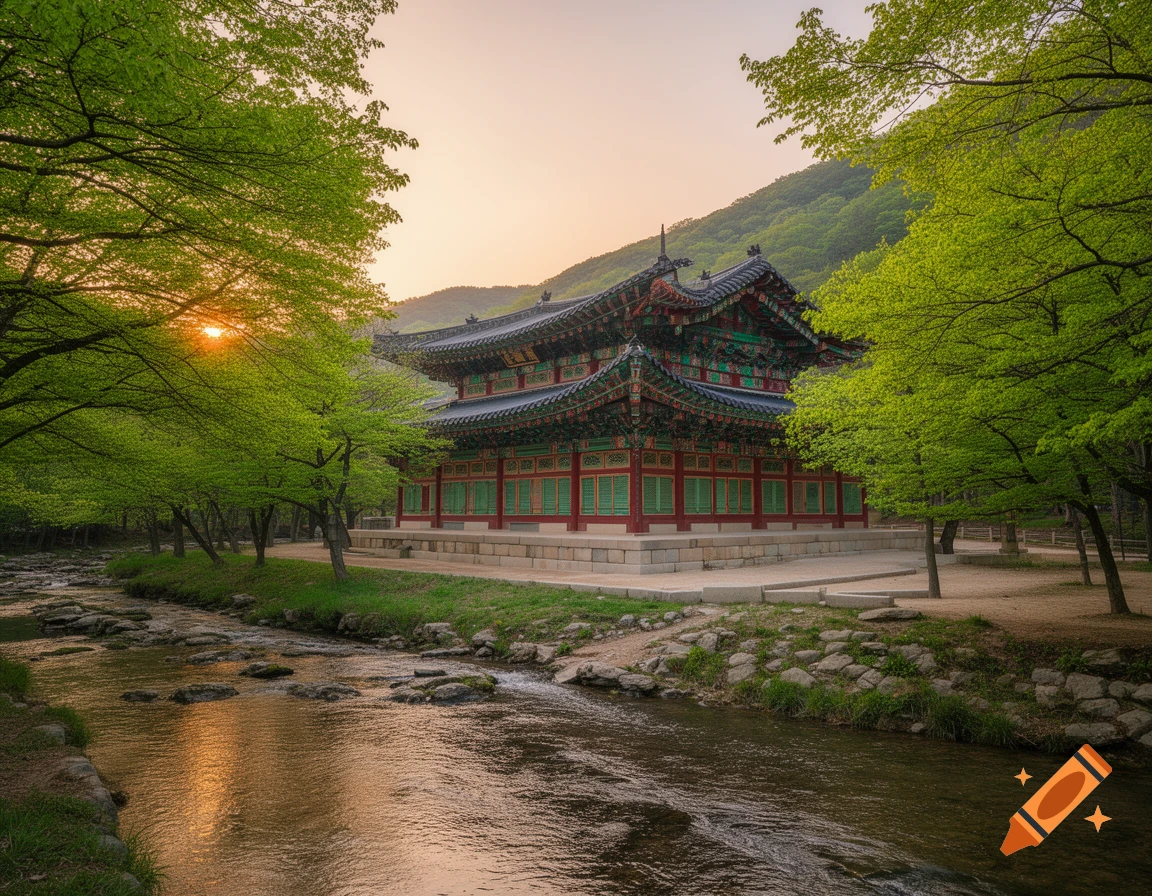A traditional Korean temple with a colorful, ornate roof stands by a rocky stream surrounded by lush green trees, bathed in soft sunset light.