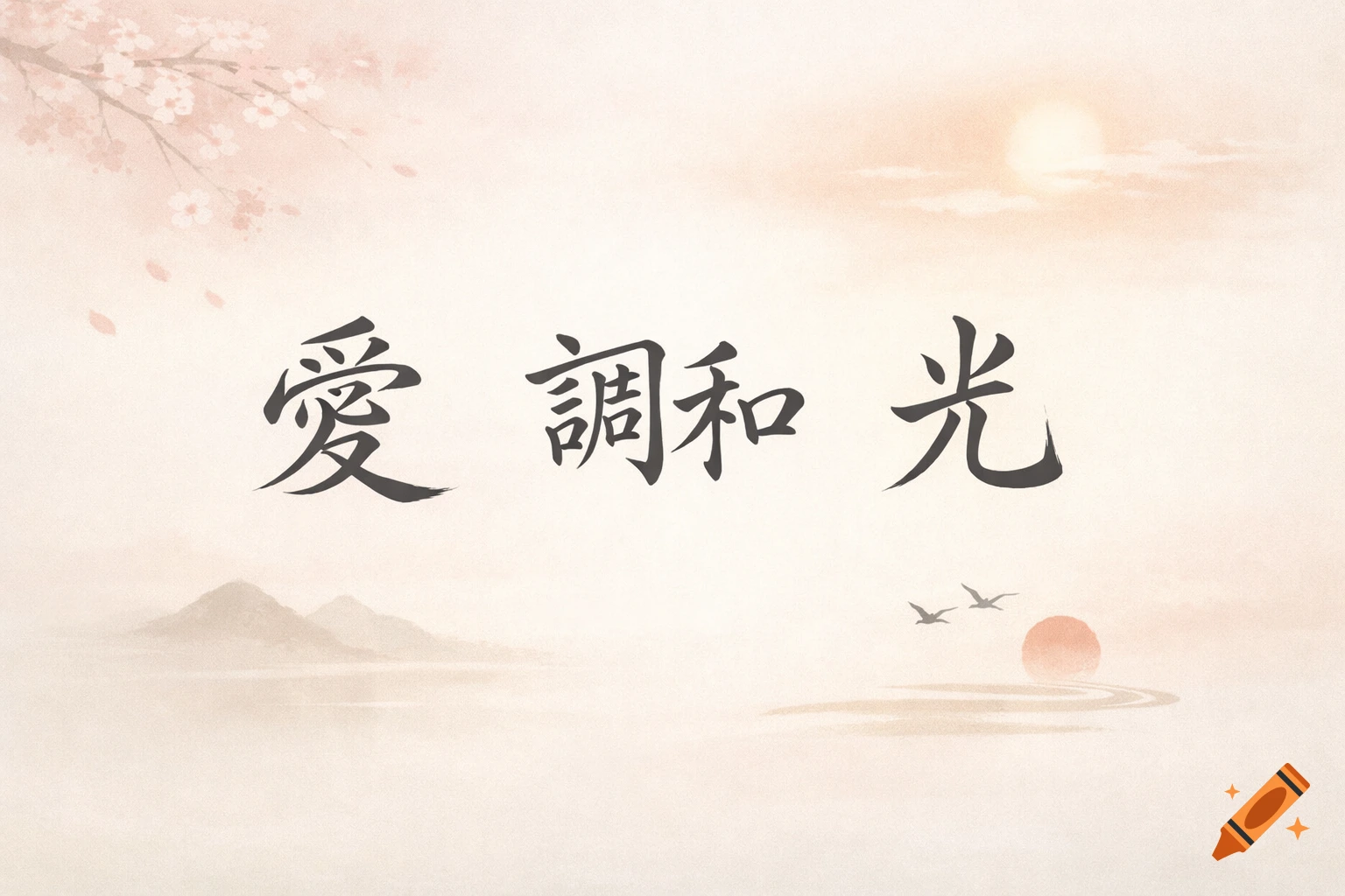 Japanese calligraphy for love, harmony, and light on a soft background with cherry blossoms, mountains, and a setting sun.