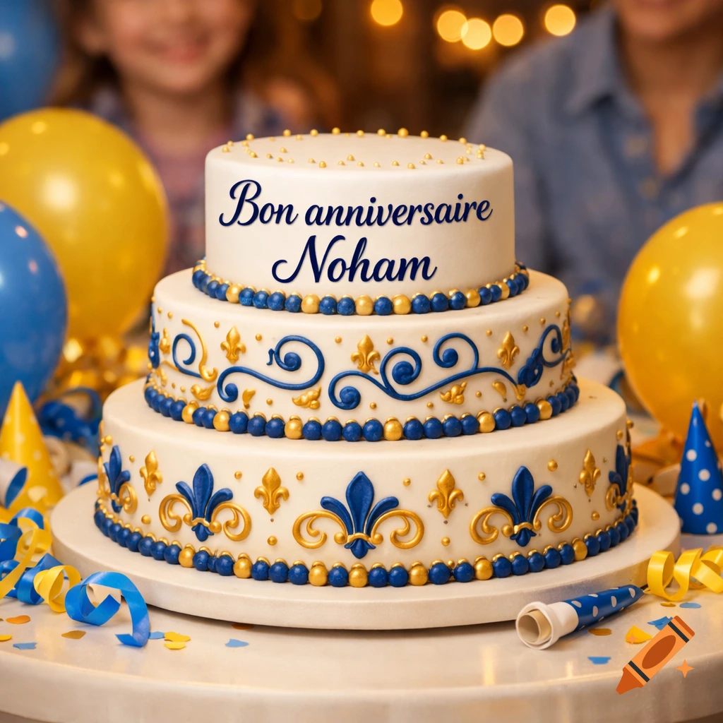 A three-tiered white birthday cake with blue and gold decorations, reading "Bon anniversaire Noham", amidst balloons and party decor.