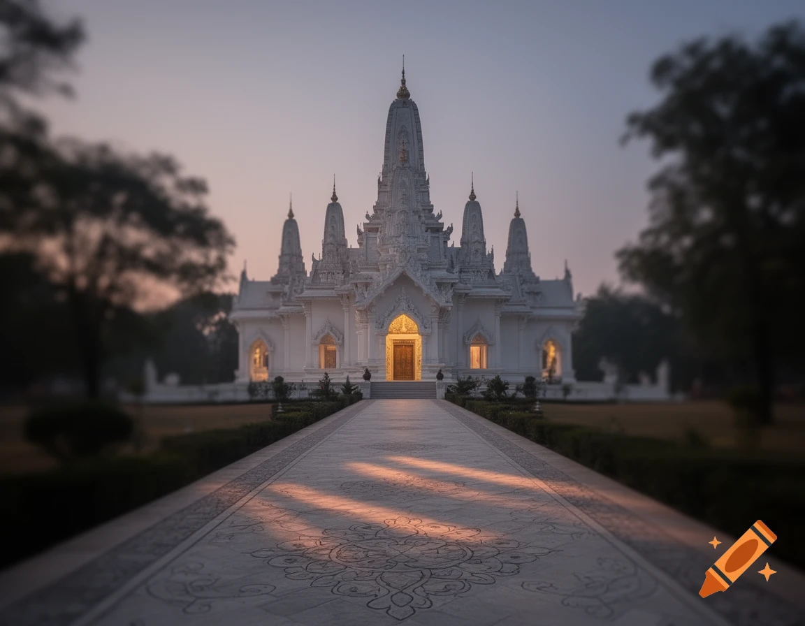 An ornate white stone temple with towering spires at dusk, seen from a paved path with glowing light.