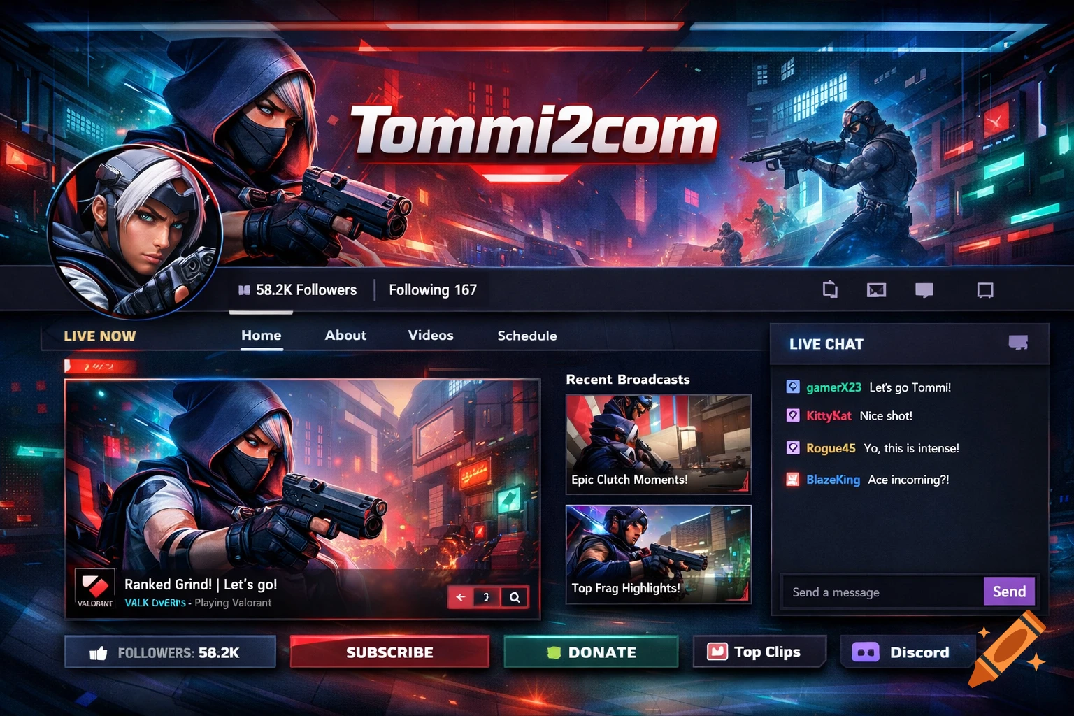 Twitch profile for 'Tommi2com' showing a masked character, stream statistics, live chat, and a cyberpunk city background, styled like Valorant.