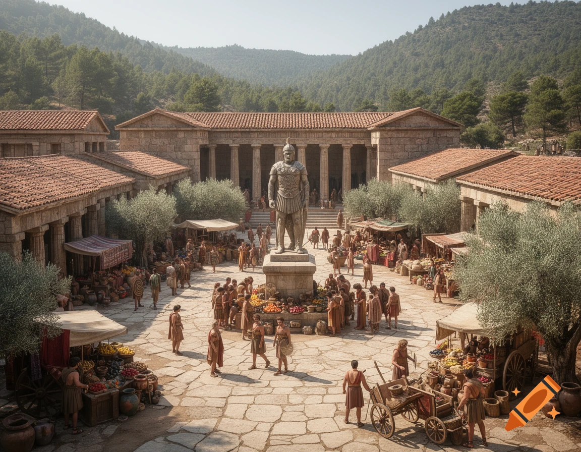 A bustling ancient Greek marketplace with a large statue in the center, surrounded by stone buildings and olive trees under a clear sky.