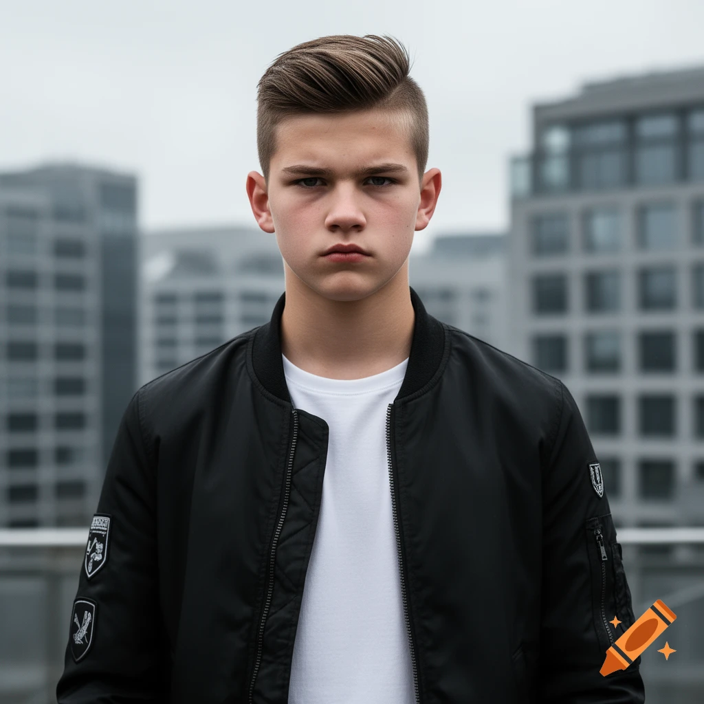 A serious young man with a modern haircut wears a black bomber jacket over a white t-shirt, standing outdoors with blurred city buildings in the background.