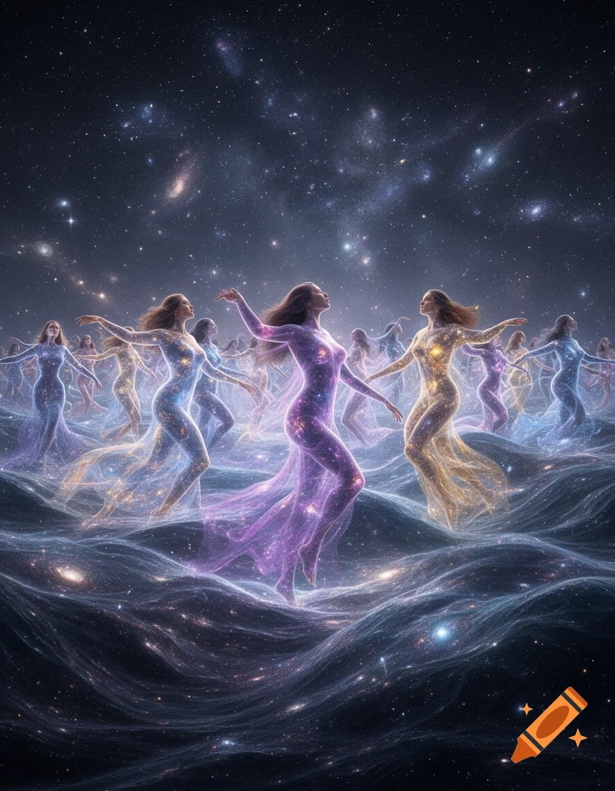 Ethereal cosmic women, glowing with stars, dance above swirling waves of stardust in a vast galaxy.