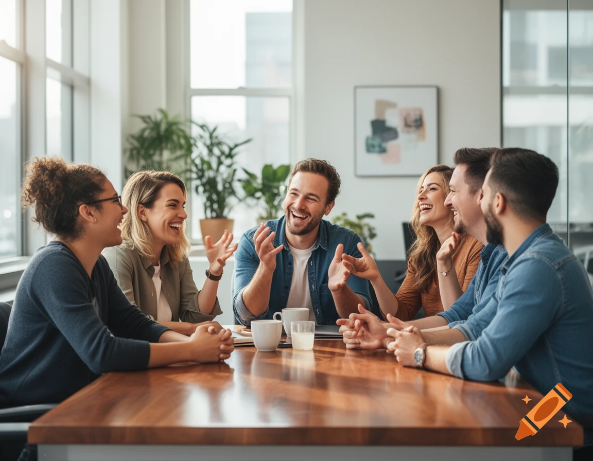 Diverse group of laughing colleagues sitting around a table in a bright modern office.