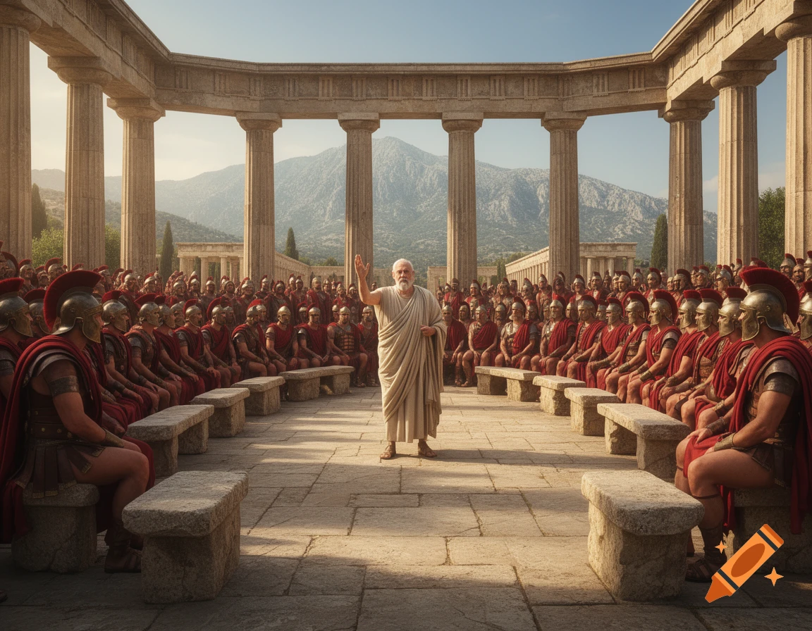 Ancient Greek speaker addresses soldiers in a colonnaded temple with mountains in the background, photorealistic.
