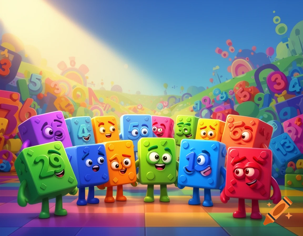Colorful, smiling cube-shaped characters with numbers on them stand on a checkered floor in a bright, whimsical landscape filled with scattered numbers and shapes in a cartoon style.