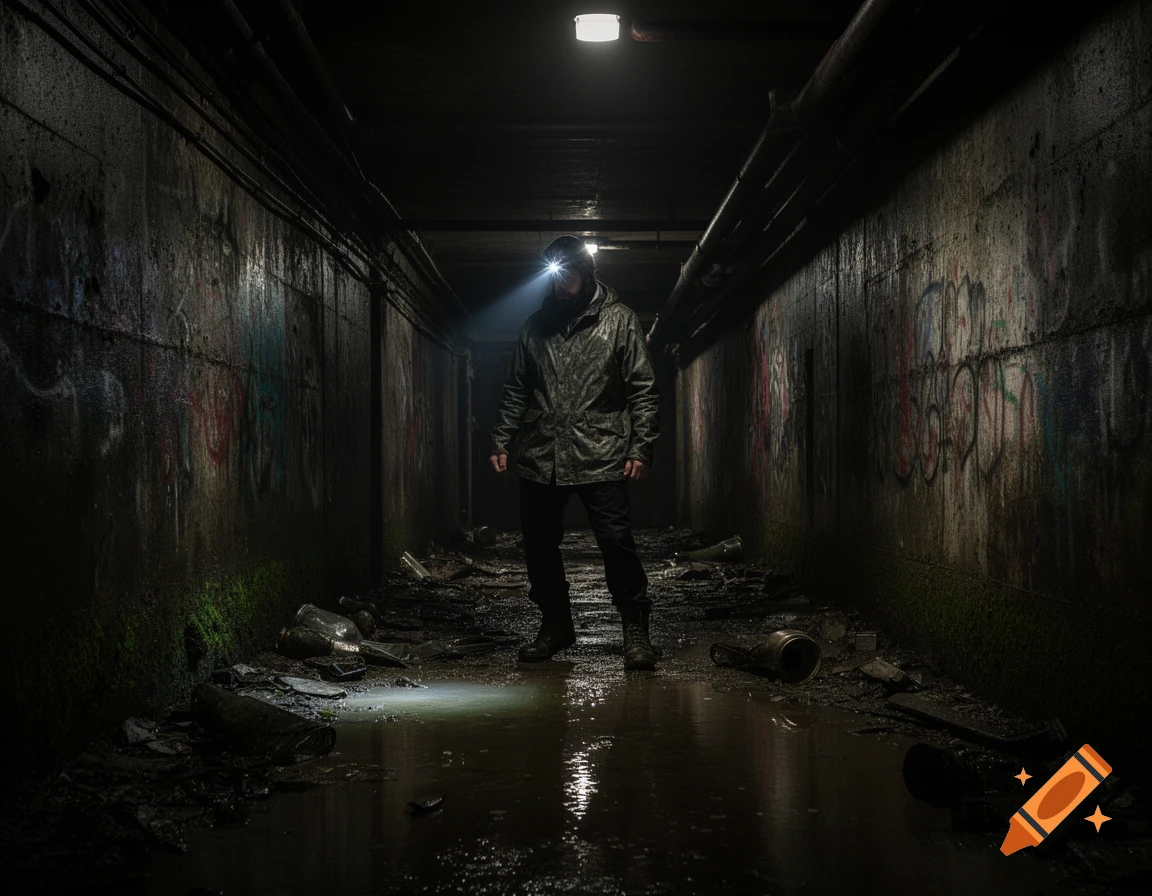A person with a headlamp stands in a dark, wet, graffiti-covered sewer tunnel strewn with debris, in a dramatic photorealistic image.