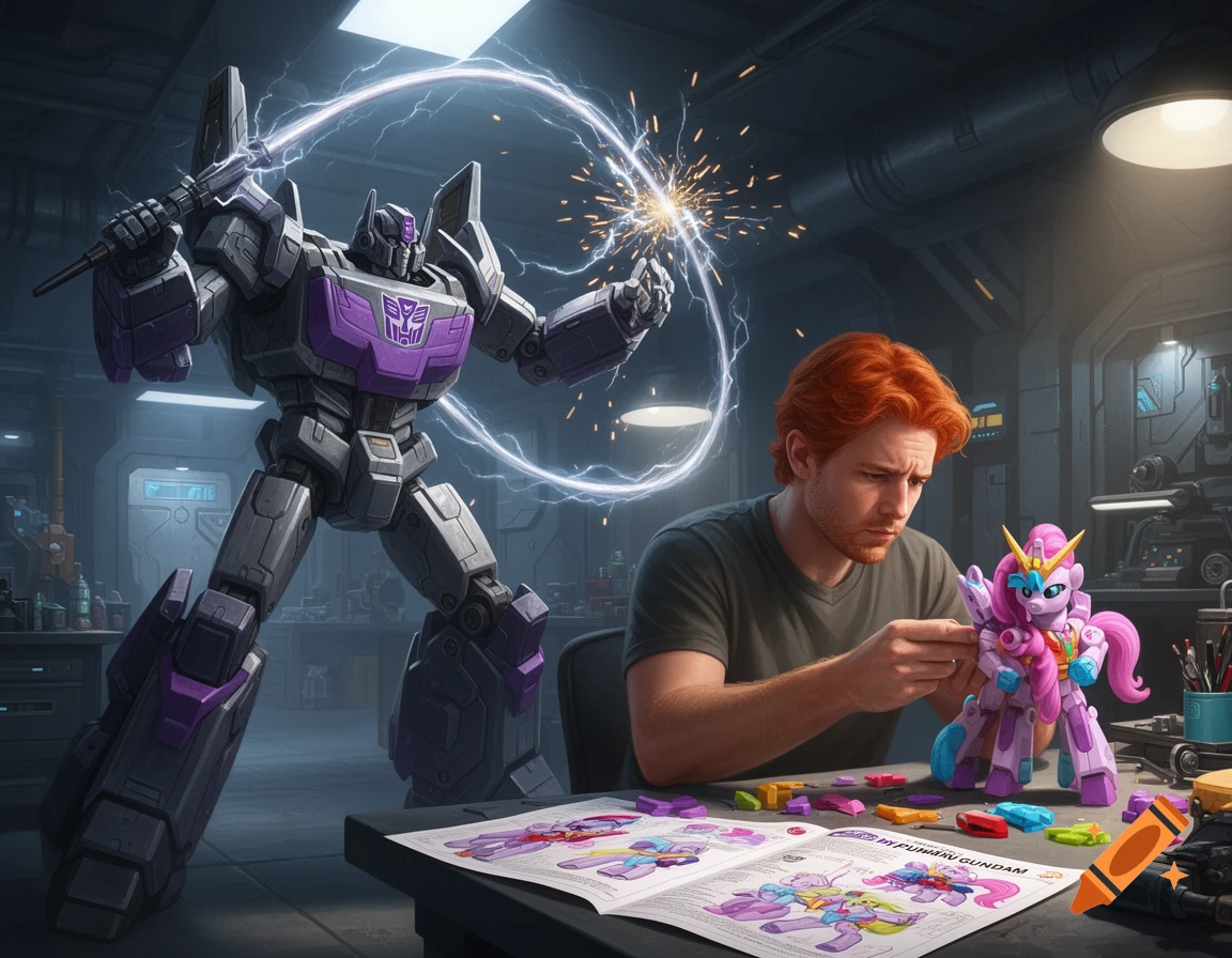 Shockwave, a purple and grey Transformer, creates electrical sparks while a redhead man builds a pink My Little Pony Gundam kit in a workshop.