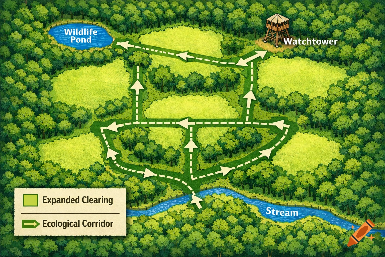 Overhead schematic map of a forest with green clearings, a wildlife pond, watchtower, and a winding stream, connected by white dashed ecological corridors.