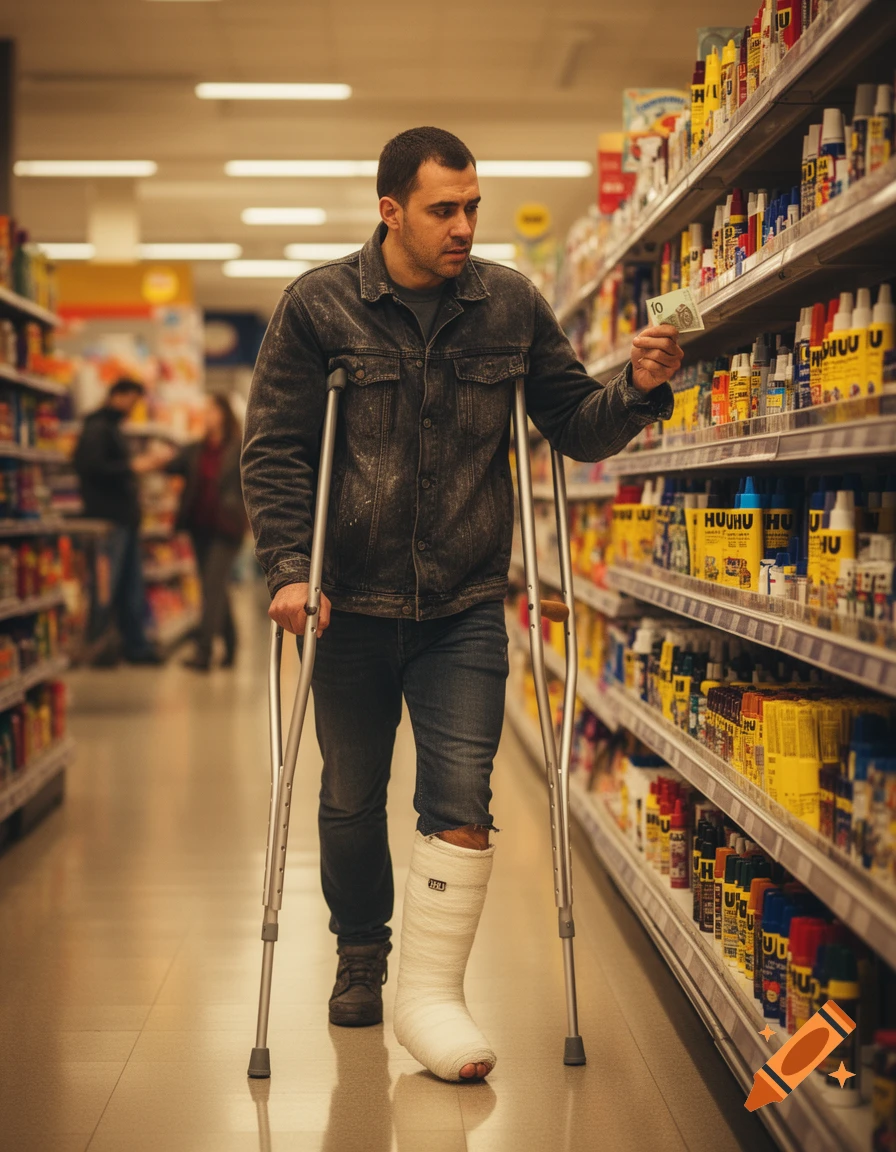 Man with a broken leg and crutches holds a ten Euro note while shopping in a supermarket aisle.