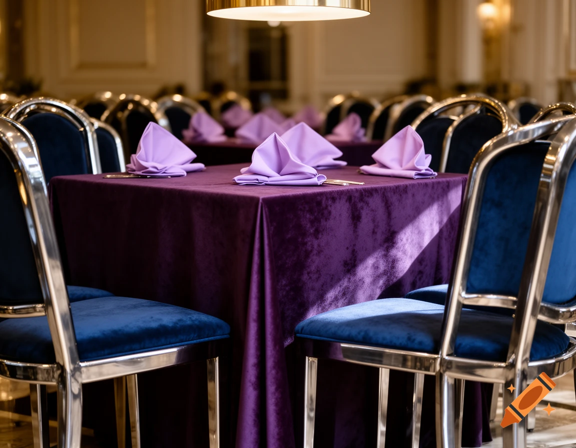 A formal table set with a dark purple velvet tablecloth and light purple folded napkins. Dark blue velvet chairs with gunmetal frames surround the table in a softly lit room.