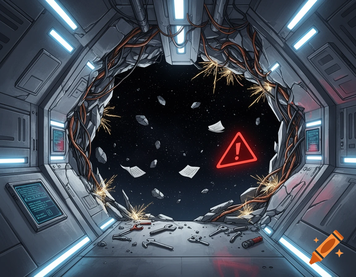An illustration of a spaceship interior with a major hull breach looking out into space, tools scattered on the floor, and a red warning sign.