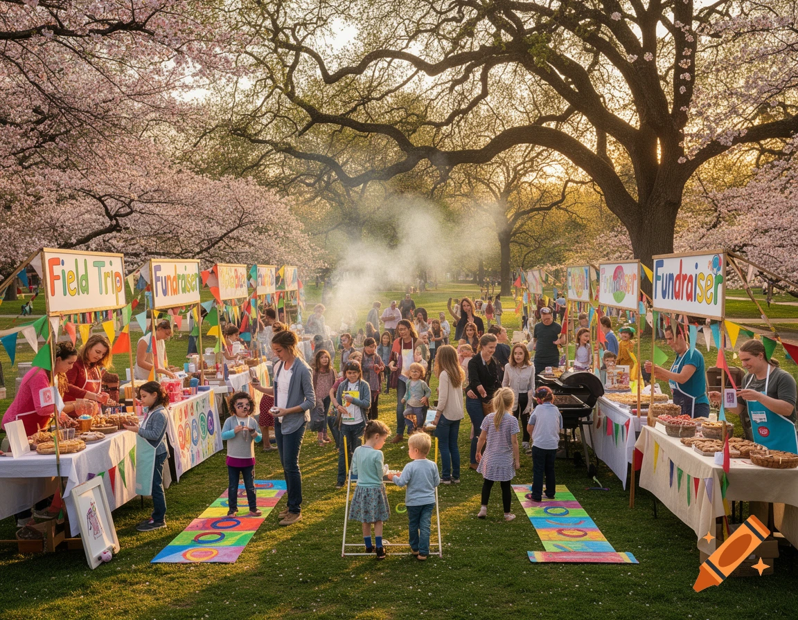 A crowded spring fundraiser event in a park, with adults and children around food stalls under blooming cherry trees.