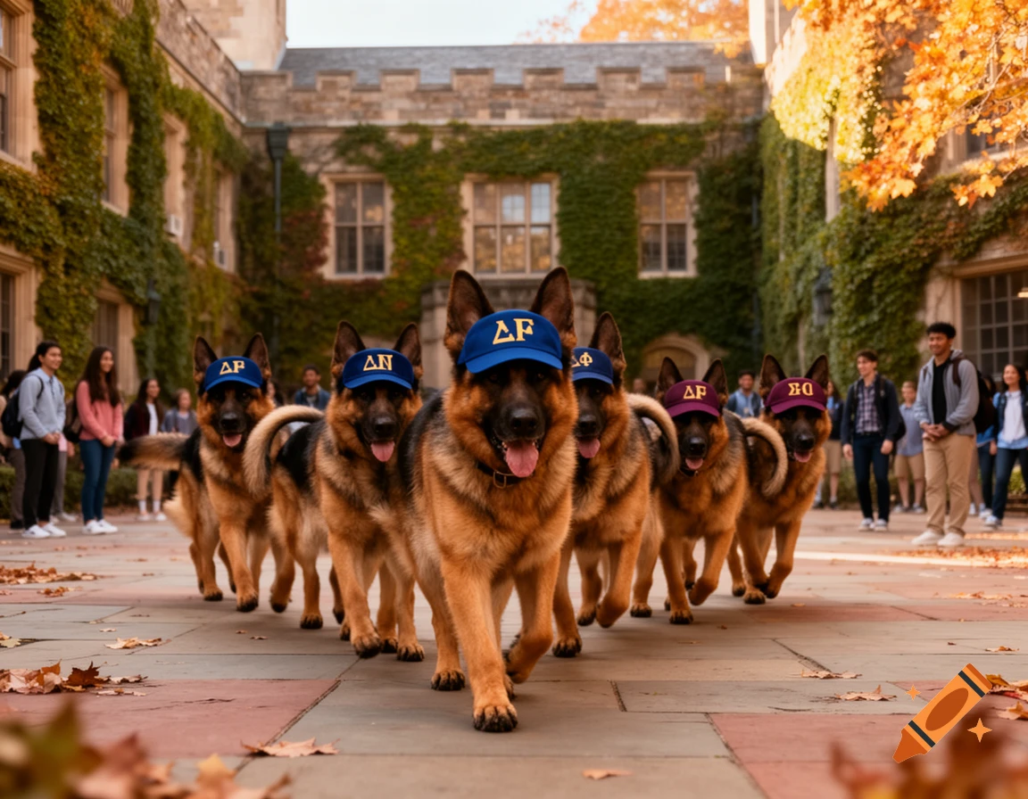Seven German Shepherds wearing fraternity caps walk in a line through a university courtyard while students watch.