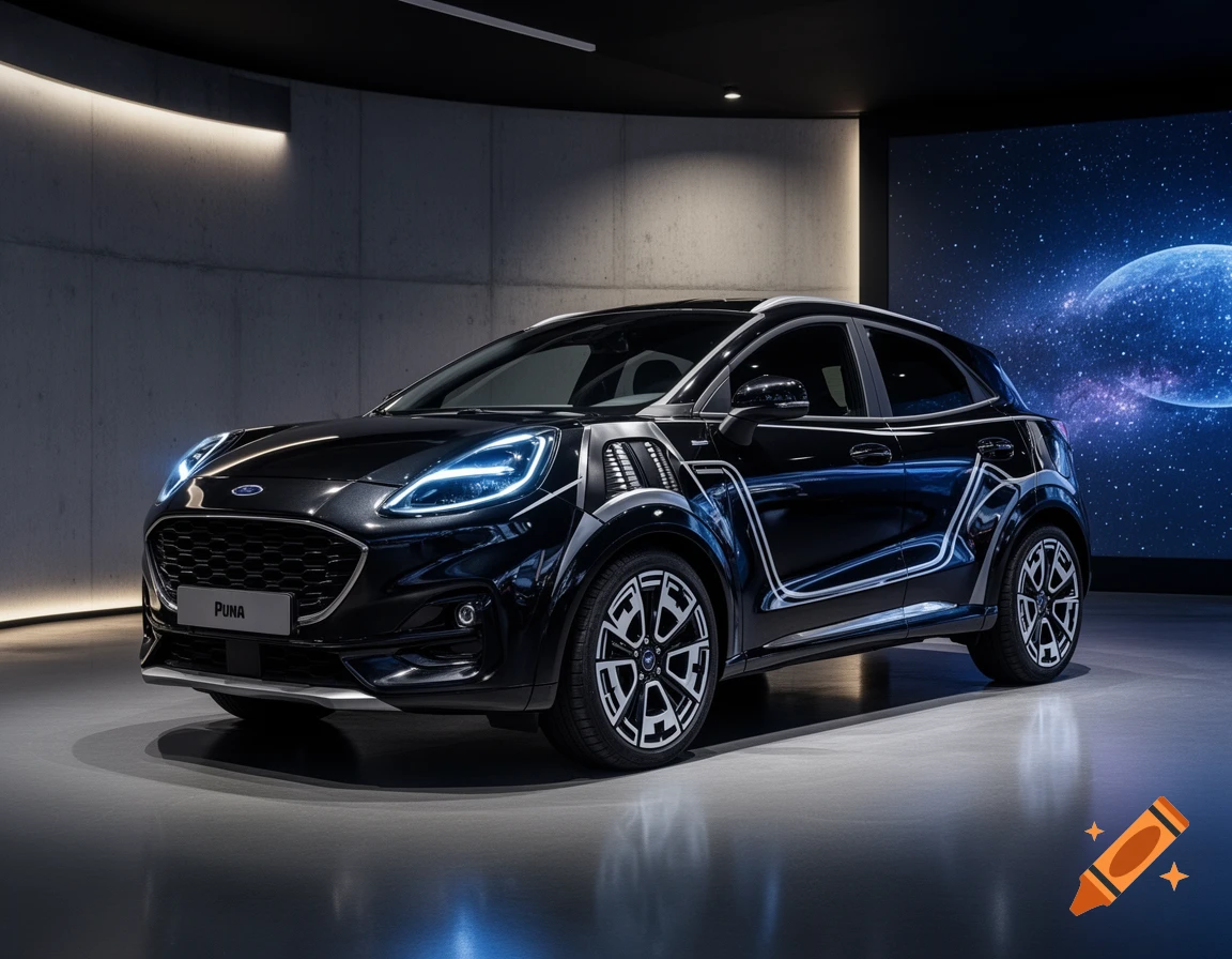 A photorealistic image of a sleek black Ford Puma with white outline accents, parked in a futuristic showroom against a space-themed screen.
