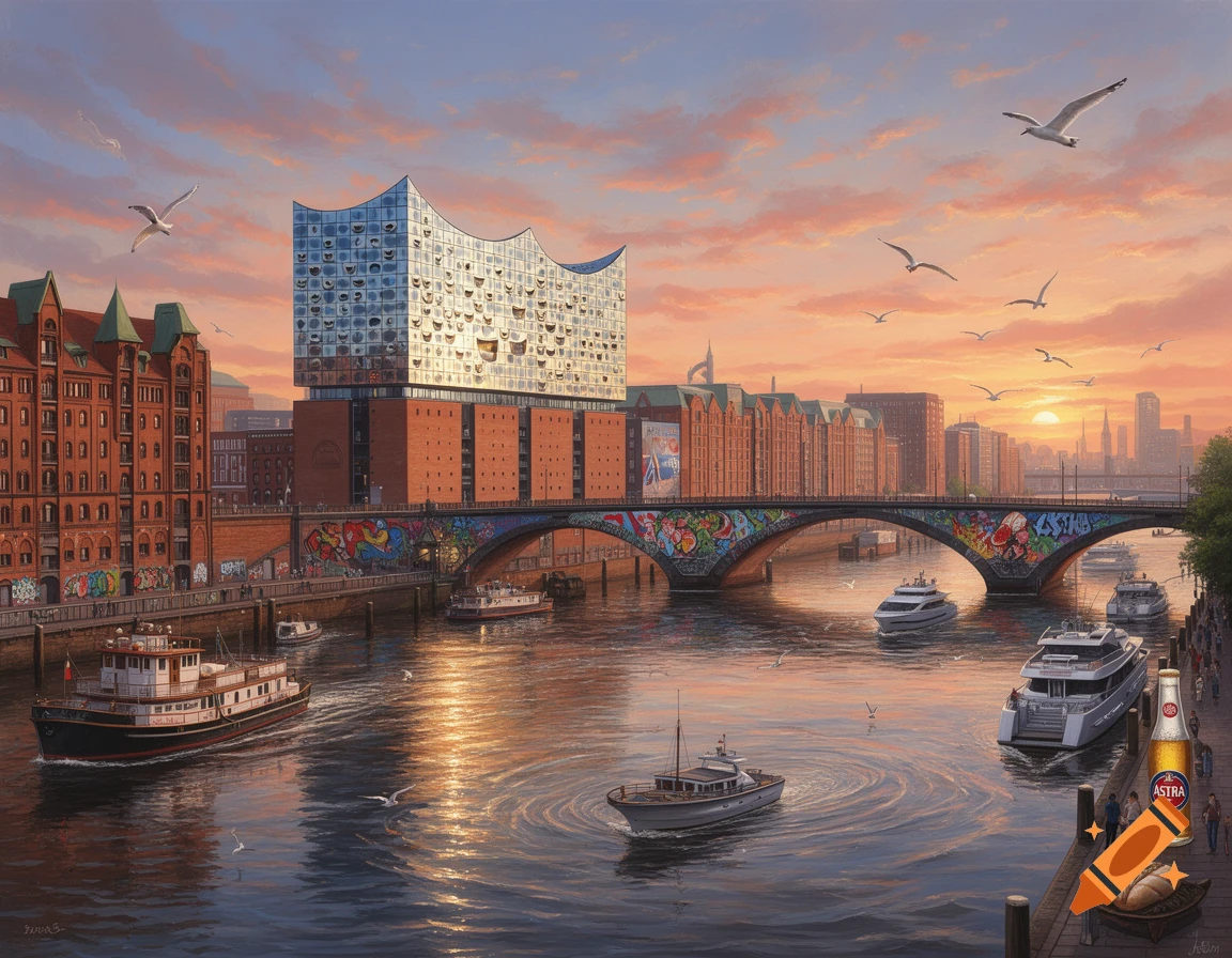 A vibrant painting of the Hamburg cityscape at sunset, featuring the Elbphilharmonie, a bridge with graffiti, boats on the river, and a bottle of Astra beer on the dock.
