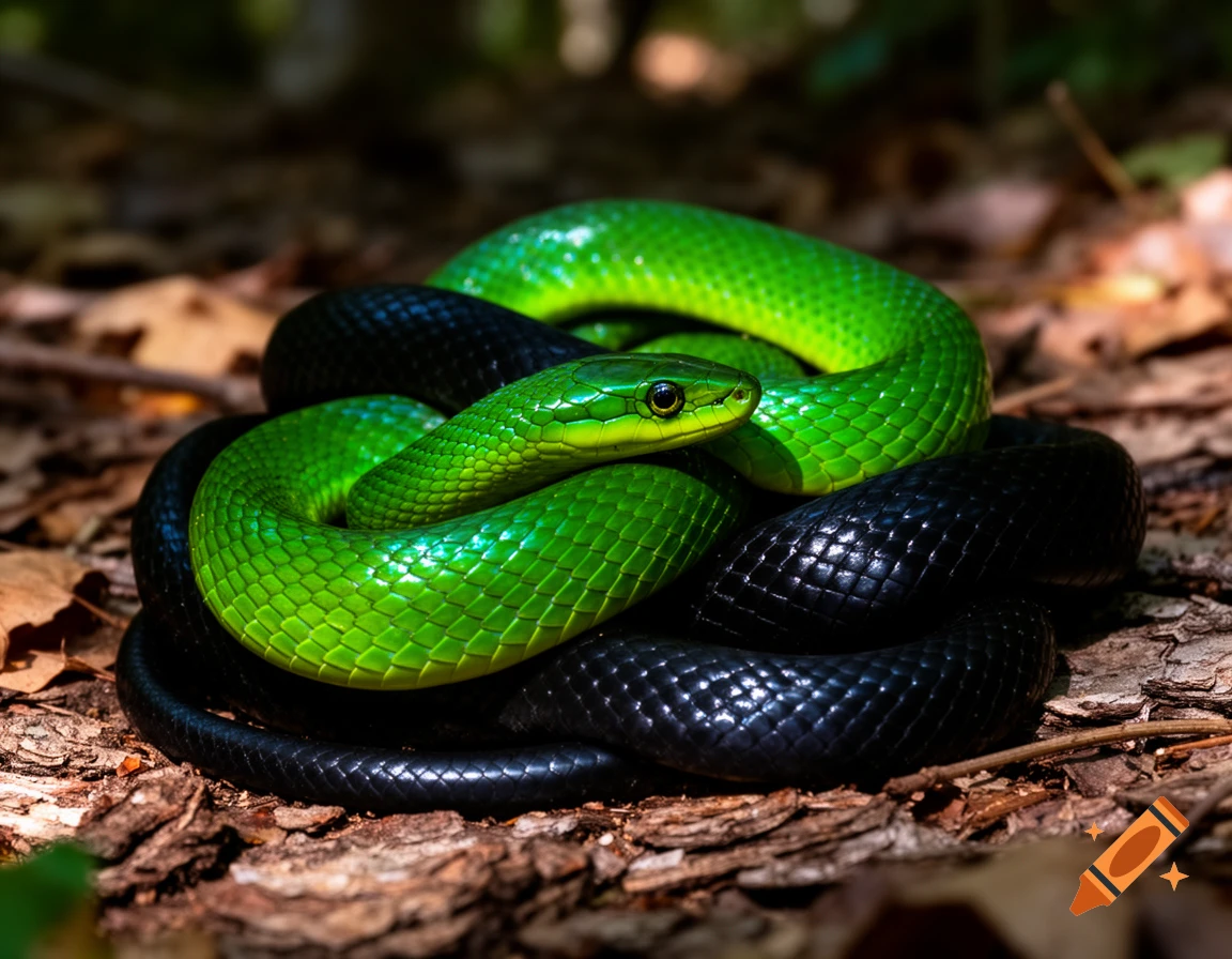 A vibrant green snake coiled around a glossy black snake on a forest floor, photorealistic.