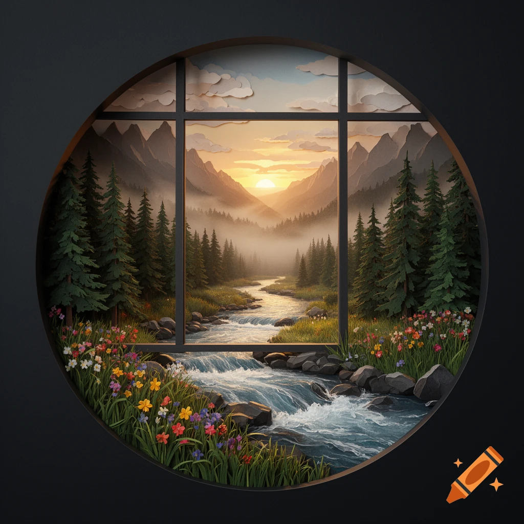A circular paper craft relief model of a tranquil mountain sunset scene, with a river winding through pine forests and wildflowers.