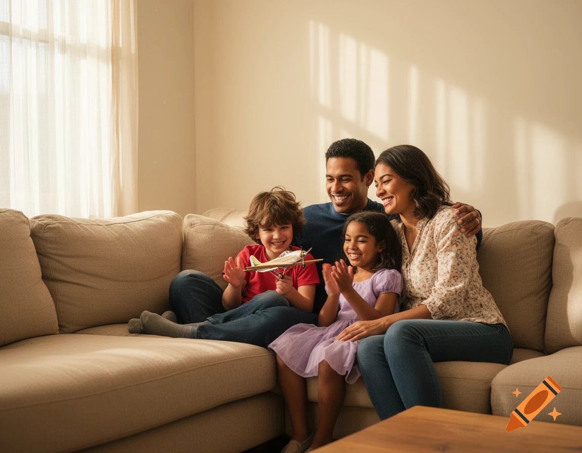 A smiling family of four, including two parents and two children, sits on a couch in a sunlit living room. The boy holds a toy airplane.