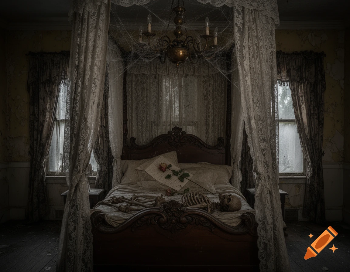 A haunting image of a skeleton on an old four-poster bed with a single rose, set in a dark, decaying room with cobwebbed lace curtains.