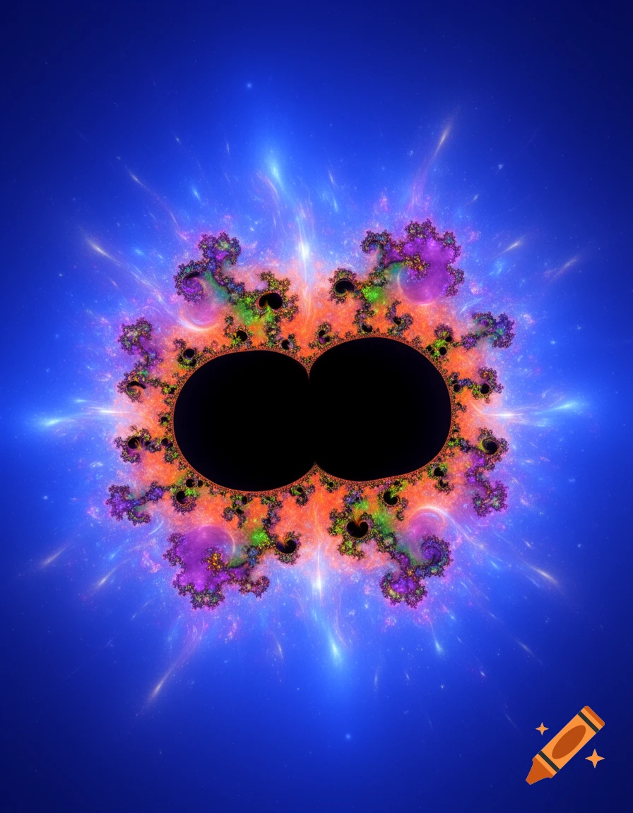 A vibrant, intricate Mandelbrot fractal with orange, green, and purple patterns and two dark centers, on a blue cosmic background.