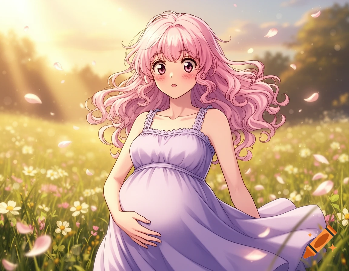 An anime girl with pink curly hair, a lavender dress, and a pregnant belly stands in a sunny field with flowers and falling petals.