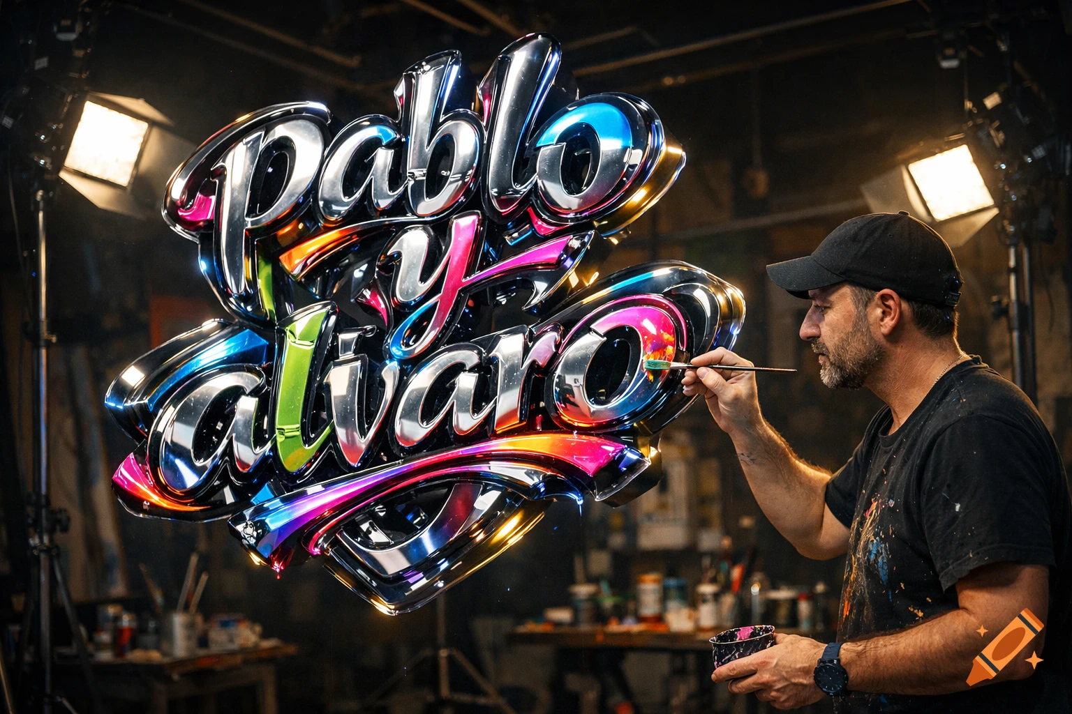 A man paints a large, shiny chrome and neon 3D text sculpture reading "Pablo y Alvaro" in a dark studio.