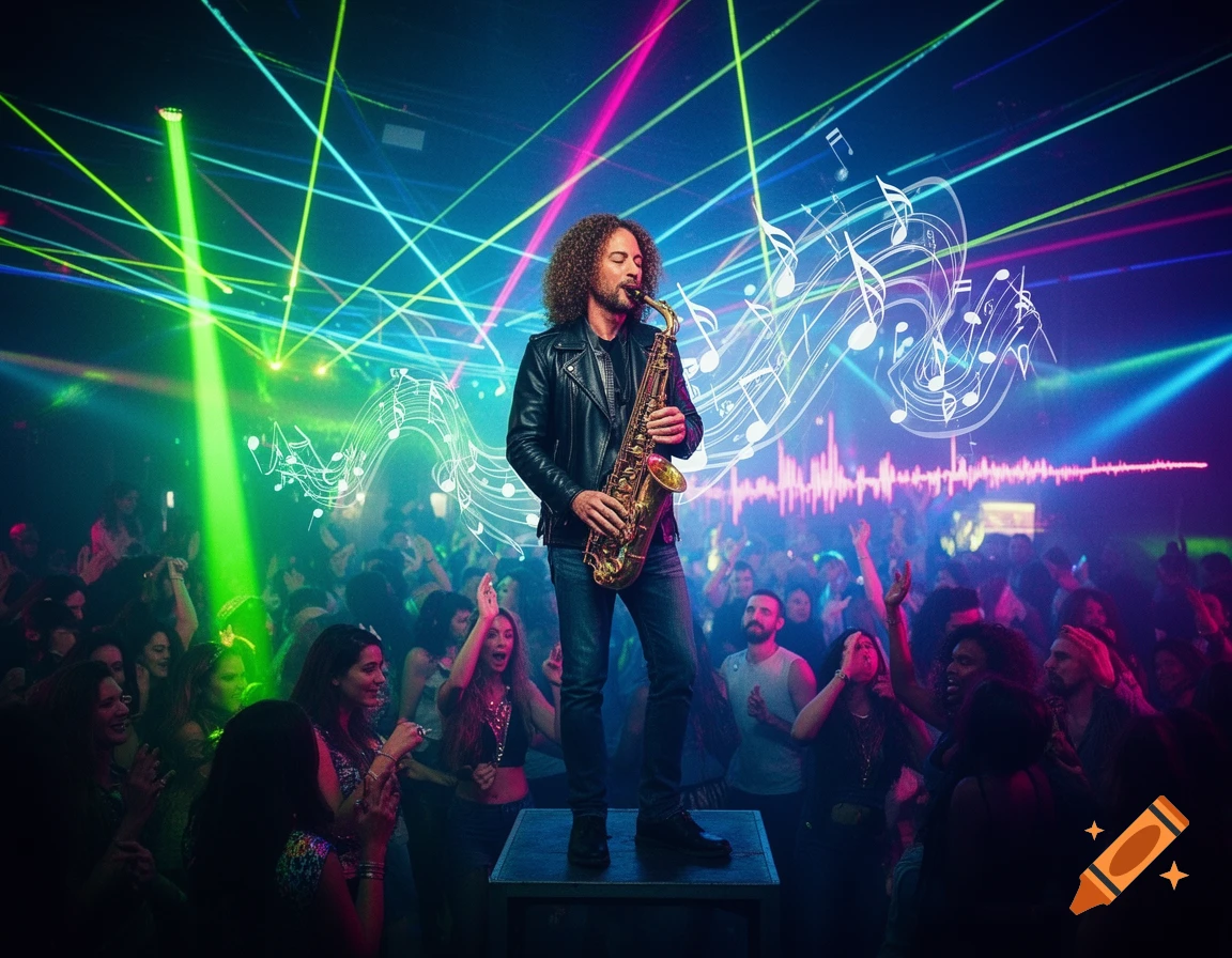 A man with curly hair in a leather jacket plays a saxophone on stage at a vibrant rave, surrounded by neon laser lights, glowing musical notes, and a dancing crowd.