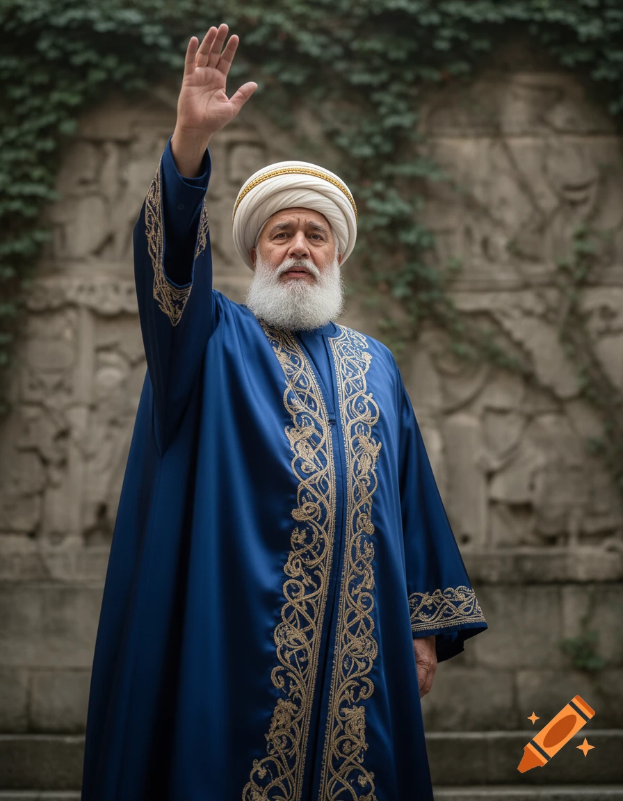 Photorealistic portrait of an older man with a white beard, turban, and blue embroidered clerical robe, raising his arm against an ivy-covered stone wall.