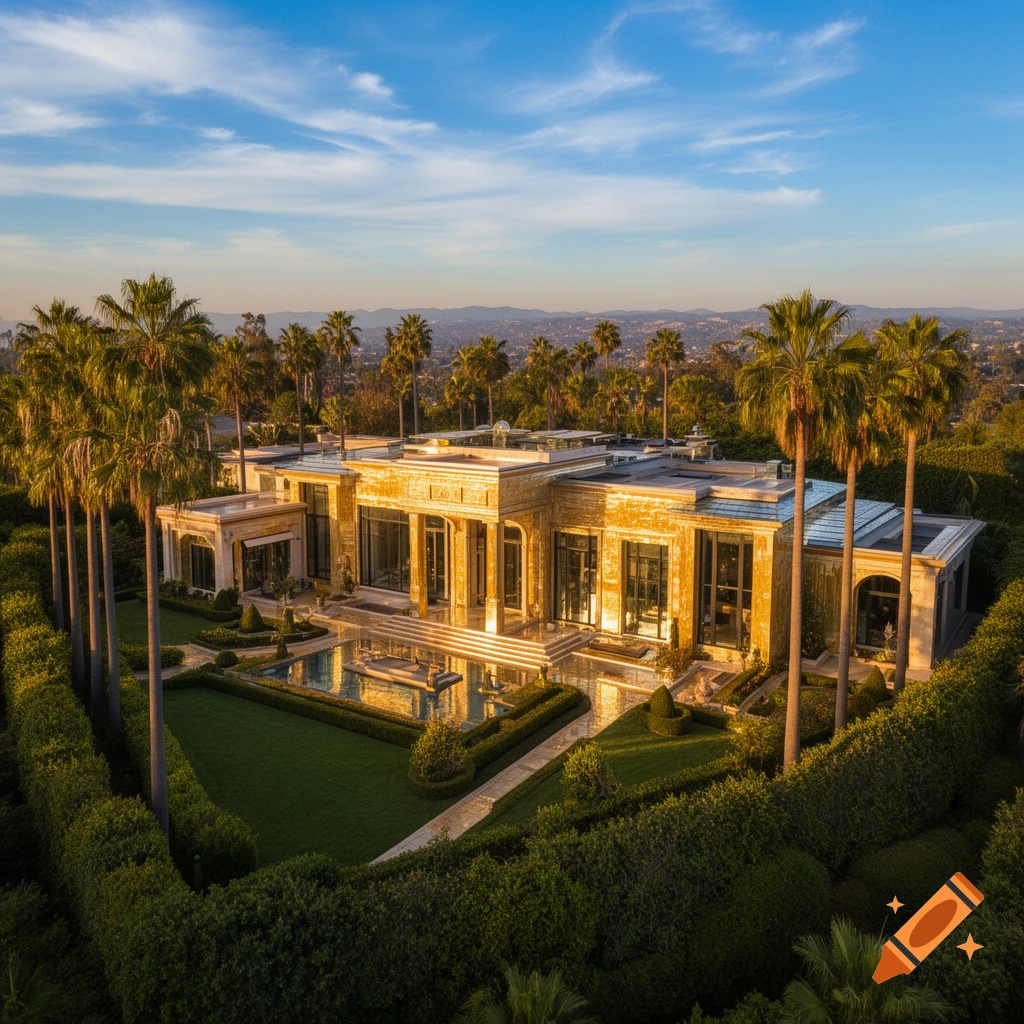 Aerial view of a grand golden mansion with a pool and lush gardens, surrounded by palm trees under a blue sky.