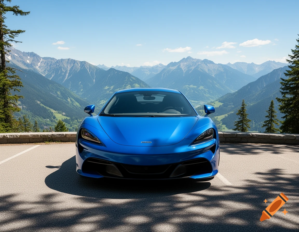 A sleek blue sports car is parked on an asphalt road with stunning mountains and a valley in the background under a clear blue sky.