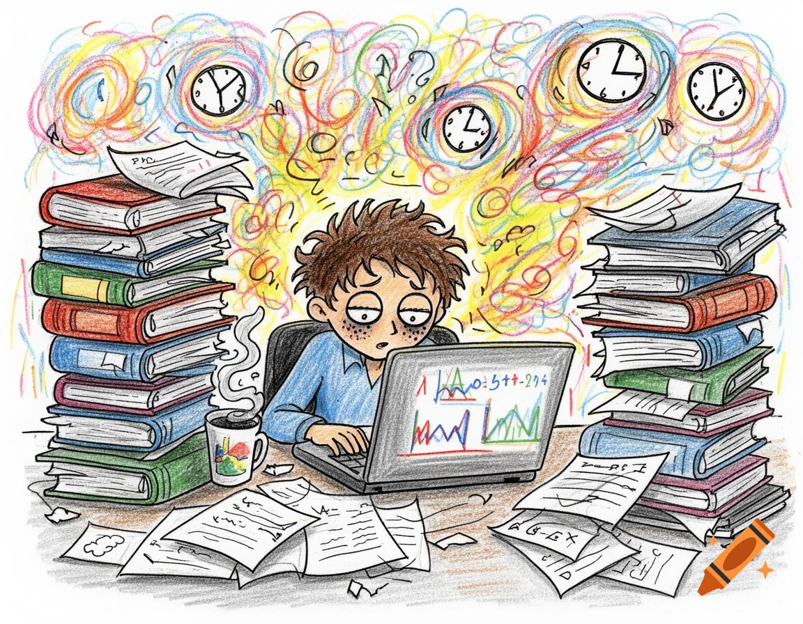 A sleep-deprived, overworked student with messy hair sits at a desk, typing on a laptop surrounded by stacks of books, papers, and steaming mug. Colorful scribbles and clocks float around their head, illustrating stress, in a hand-drawn style.